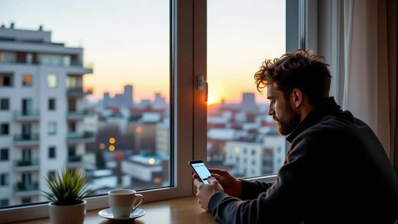 Frau mit Smartphone und Streaming-App-Fehlermeldung in Wiener Wohnung