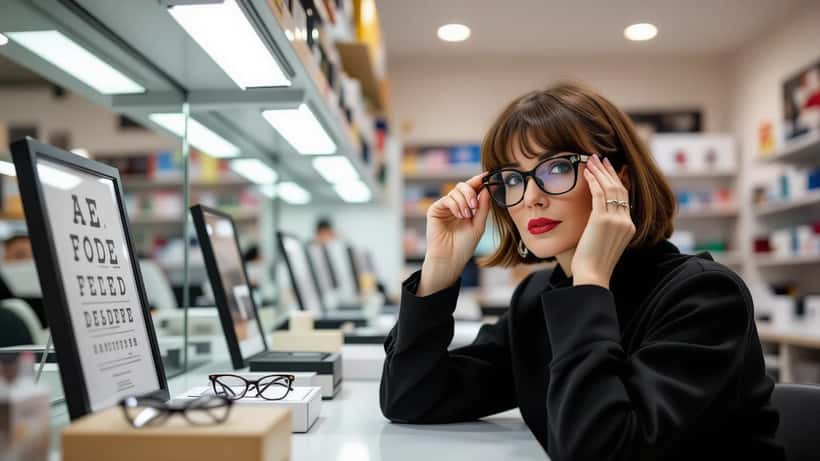Frau probiert beim Optiker eine neue Brille mit glänzendem Gestell an
