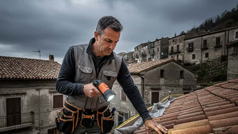 Artigiano che ispeziona il tetto di un'abitazione durante un'allerta meteo in Calabria