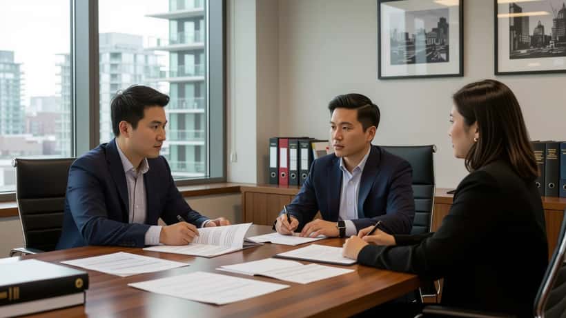 Toronto estate lawyer reviewing will documents with a young Canadian client