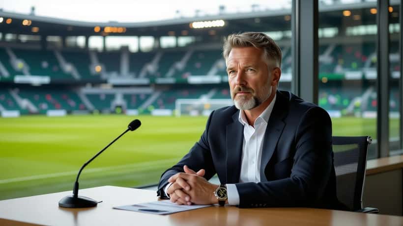 Voetbalcoach op persconferentie met kalme, vastberaden blik — symbool van herstel en bewuste carrièrekeuze