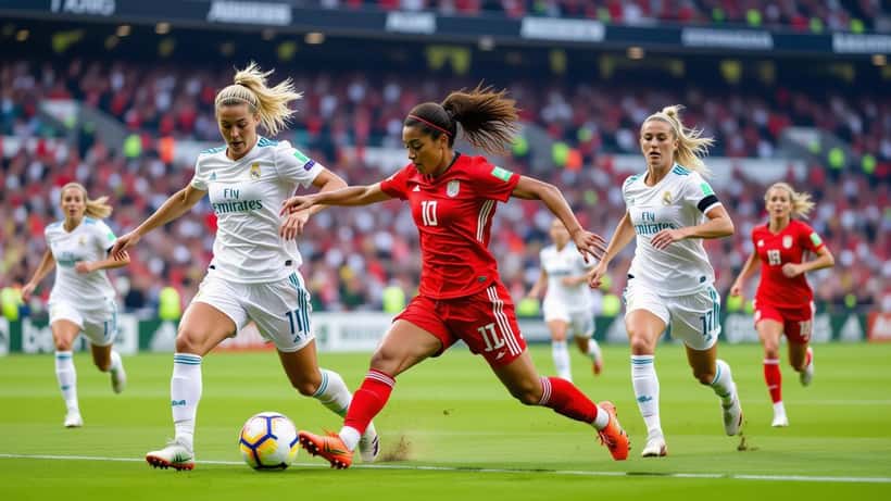 Women soccer players competing on pitch during Real Madrid vs Atletico Madrid Femenino Liga F match 2026