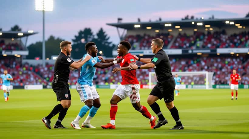 Fotballspillere i opphetet konfrontasjon på banen etter kamp, dommer griper inn