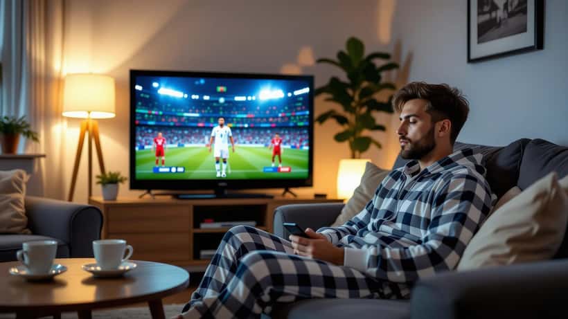 Fã português adormecido no sofá de madrugada com a Copa do Mundo 2026 no televisor