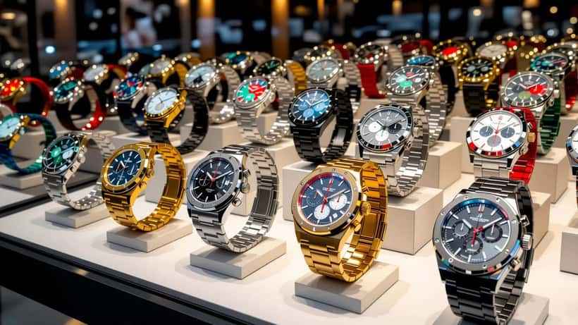 Collection de montres exposées dans une boutique, référence à la collaboration Swatch x Audemars Piguet Royal Pop
