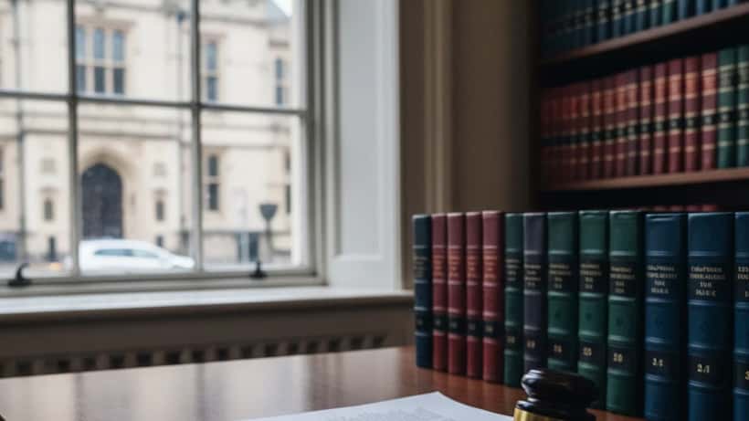 Legal documents and gavel in a courtroom setting