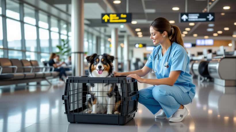 Un vétérinaire vérifie un chien installé dans une cage de transport homologuée IATA à l'aéroport