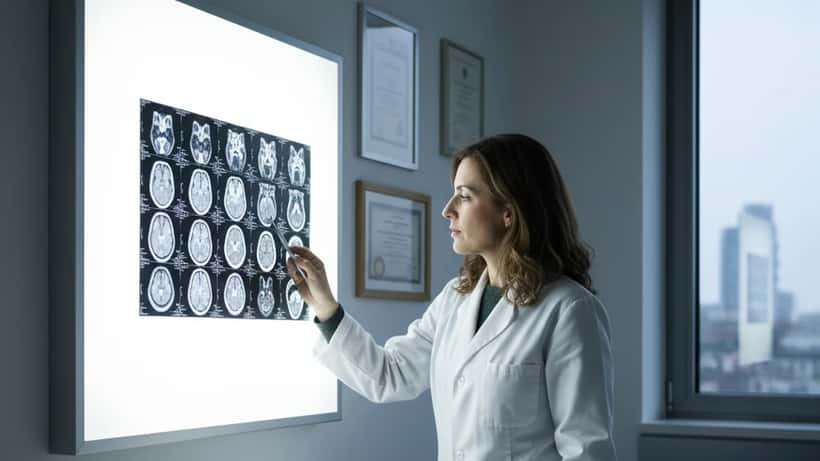 Italian neurologist examining brain MRI scans in modern hospital consultation room