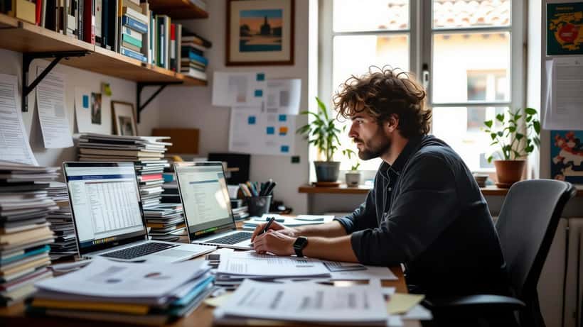 Freelancer português a analisar documentos de faturação e contratos no escritório em casa