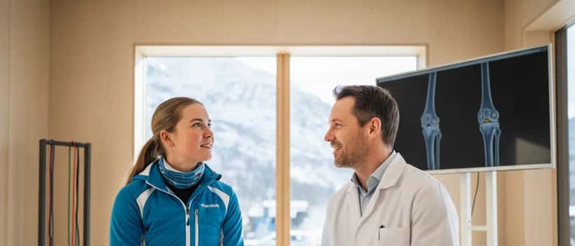 Ung norsk langrennsløper i konsultasjon med lege om stressrelaterte mageproblemer