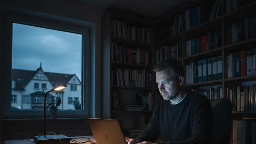 Mann arbeitet im Home Office bei Stromausfall mit Laptopbeleuchtung