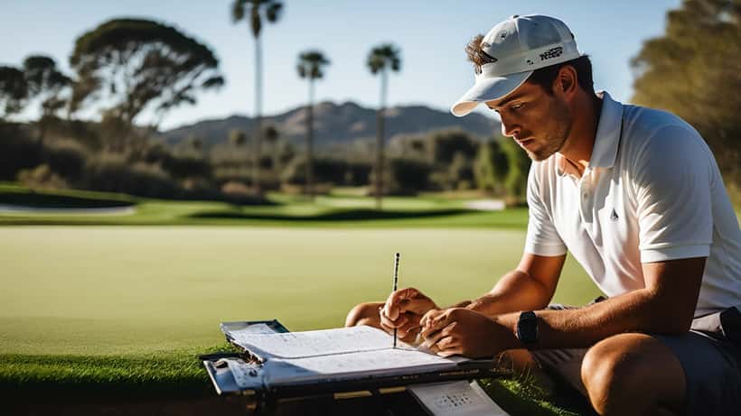 Golfspiller som leser greenen med fokusert blikk under en turneringsrunde, kaddis synlig i bakgrunnen