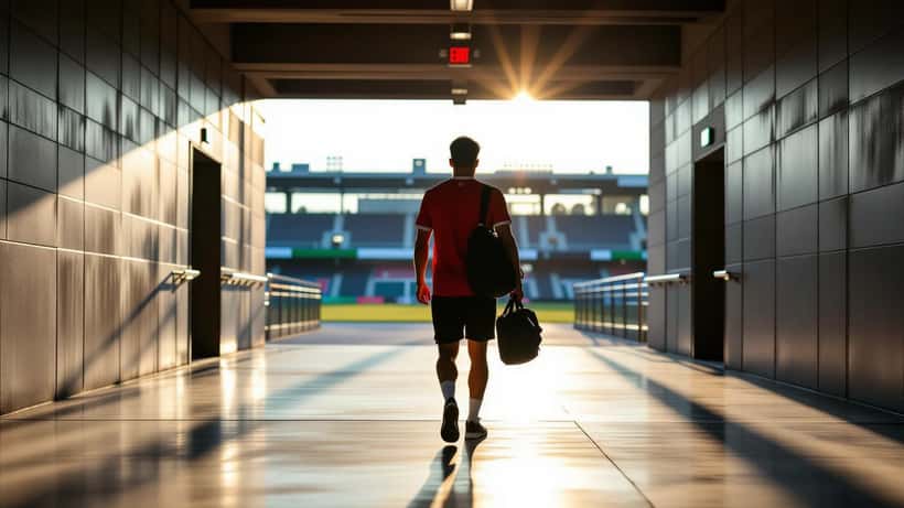 Fotbollsspelare lämnar stadion med påse över axeln, kontrakt och juridik tema