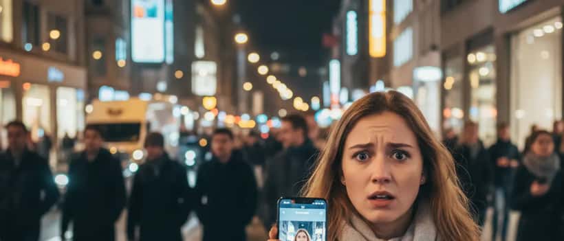Frau schaut erschrocken auf ihr Smartphone in einer belebten Stadt