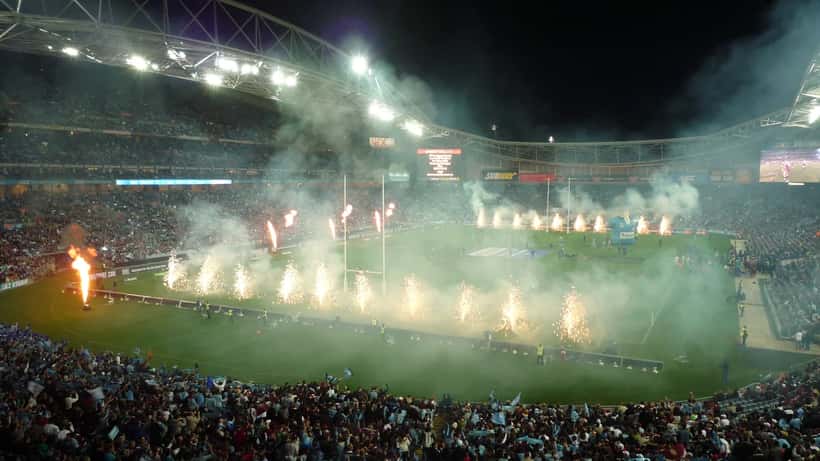 State of Origin rugby league match in Sydney, players in action on the field