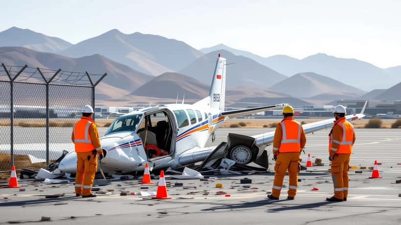Enquêteurs en gilets orange examinant l'épave d'un avion léger près de la clôture d'un aéroport marocain