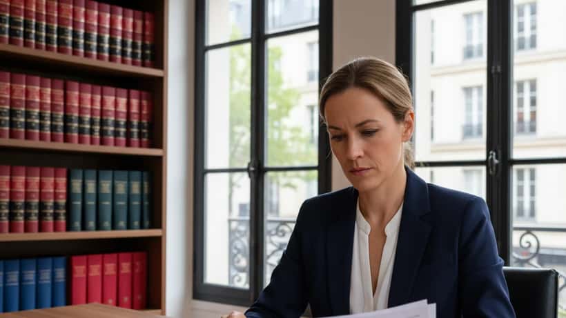Avocate française consultant un dossier de nationalité dans un cabinet juridique parisien