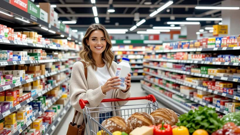Einkaufswagen mit Grundnahrungsmitteln in einem österreichischen Supermarkt