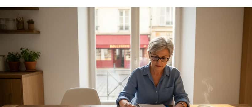Retraité français consultant ses documents de pension Agirc-Arrco à la table de cuisine