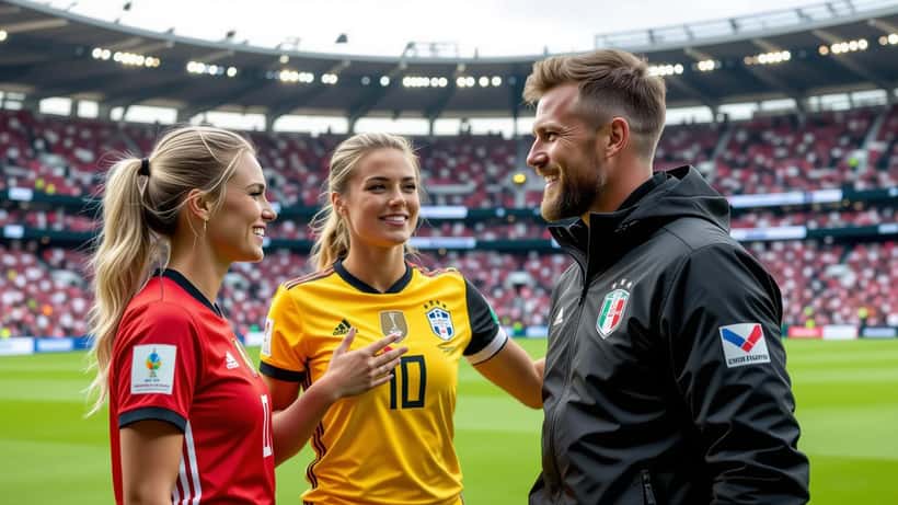 Estádio com bandeiras da Alemanha e do Equador e consultores esportivos analisando prognóstico da partida