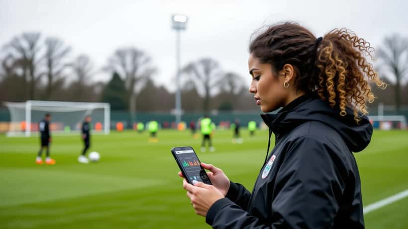 Professional footballer in training kit checking smartphone statistics at Premier League training ground
