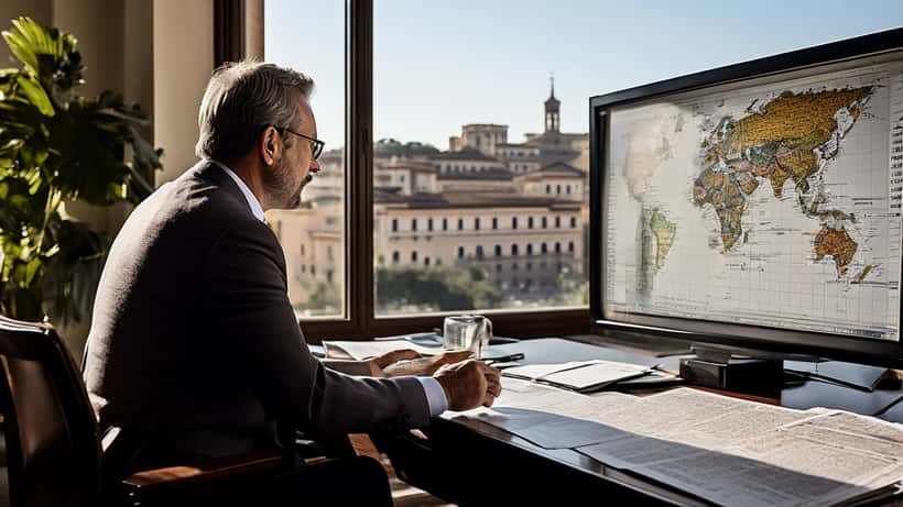 Consulente finanziario italiano analizza un portafoglio di investimenti diversificato in un ufficio a Roma