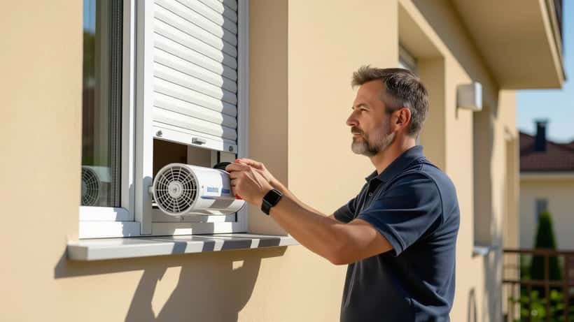Mann justiert bei praller Sommersonne die Außenrollläden einer Wohnung während der Hitzewelle 2026