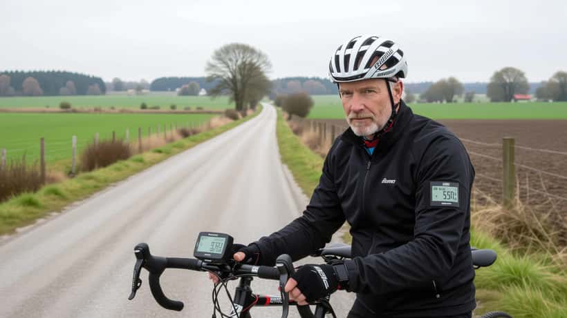 Dansk amatørcyklist ser på cykelcomputer med effekt- og pulsdata ved landevej