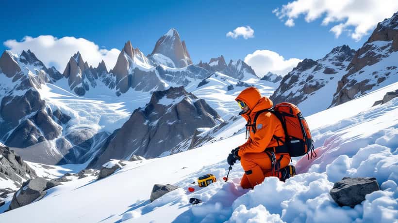 Bergrettungseinsatz nach einer Lawine in Patagonien mit dramatischen Felsgipfeln im Hintergrund