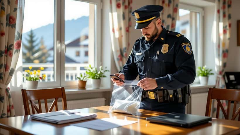 Polizist hält sichergestelltes Smartphone bei Hausdurchsuchung in Wien 2026