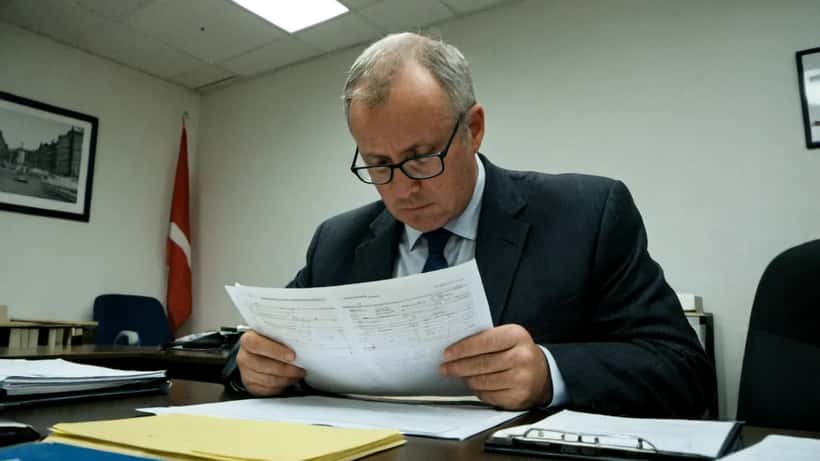 Dansk erhvervsmand gennemgår EU-sanktionsdokumenter i et kontormiljø