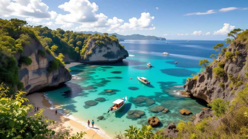 Vista costiera di Nusa Penida con scogliere, oceano turchese e guida locale con viaggiatori