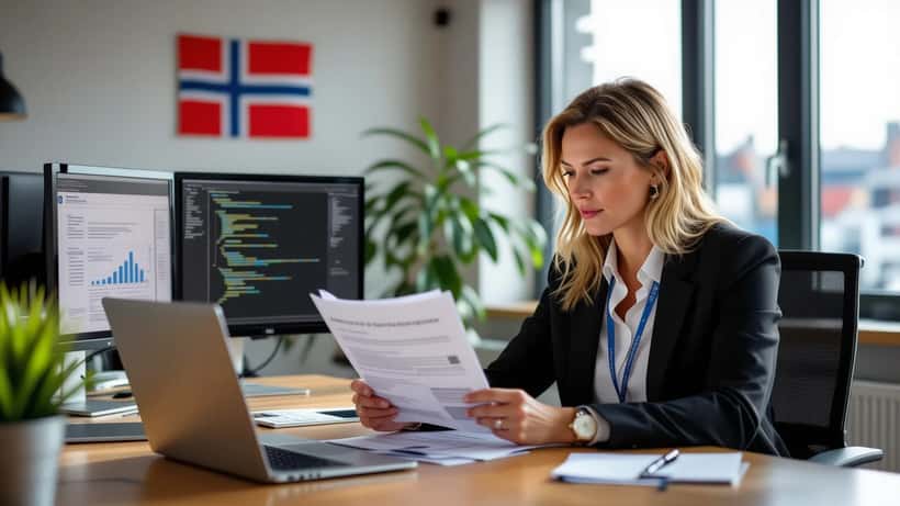 Norsk ansatt gjennomgår sikkerhetsdokumenter på kontor i Oslo mens suspekt utenlandsk kontakt vises på skjerm