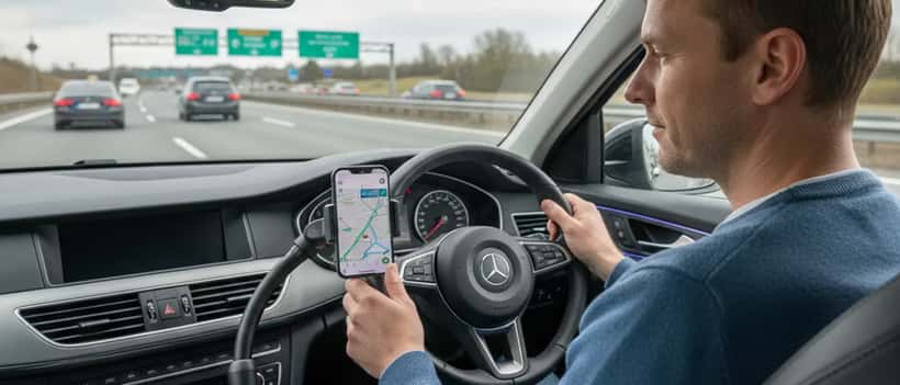 Deutscher Autofahrer schaut auf Smartphone-Navigation im geparkten Auto auf der Autobahn