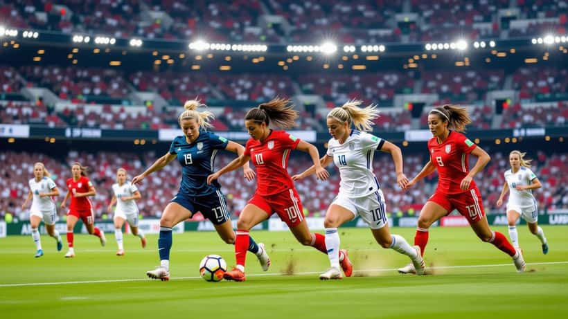 Jogadoras da Nova Zelândia e da Bélgica disputam a bola em partida de futebol feminino em 2026
