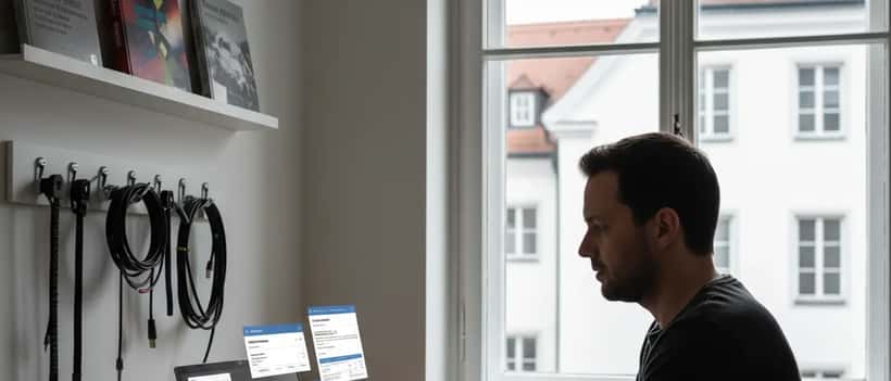 Deutscher Mann im Homeoffice in München überprüft PlayStation-Abonnement auf Laptop, Controller in der Hand, besorgter Gesichtsausdruck