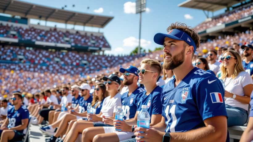 Fans in France jerseys at outdoor World Cup stadium during summer heat