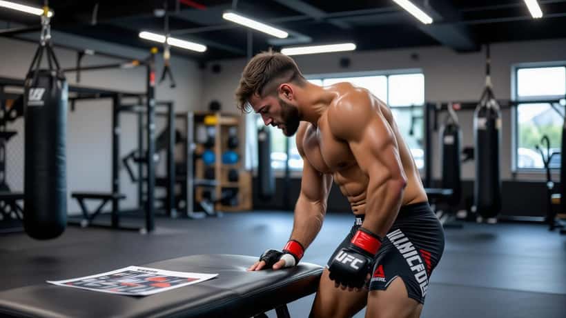 Combattant MMA tenant son dos en signe de douleur lombaire dans une salle d'entraînement UFC