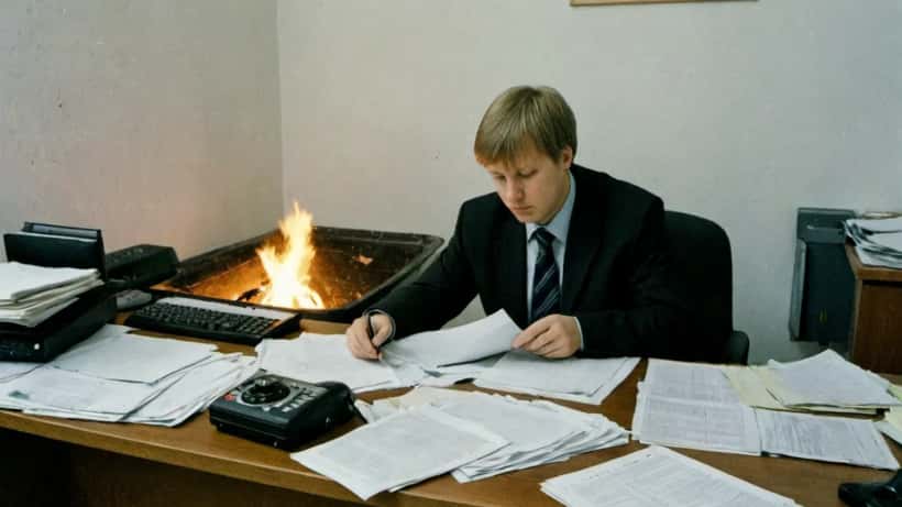 Asianajaja tarkistaa tulipalovahingon vakuutusasiakirjoja Helsingin lakitoimistossa