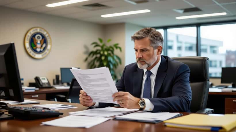 Federal government employee reviewing official separation paperwork at Washington DC agency desk