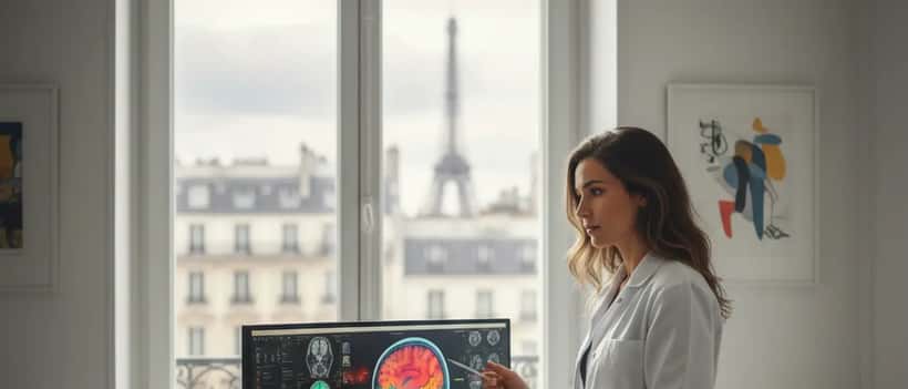 Neurologue français examinant des scanners cérébraux dans un cabinet médical parisien