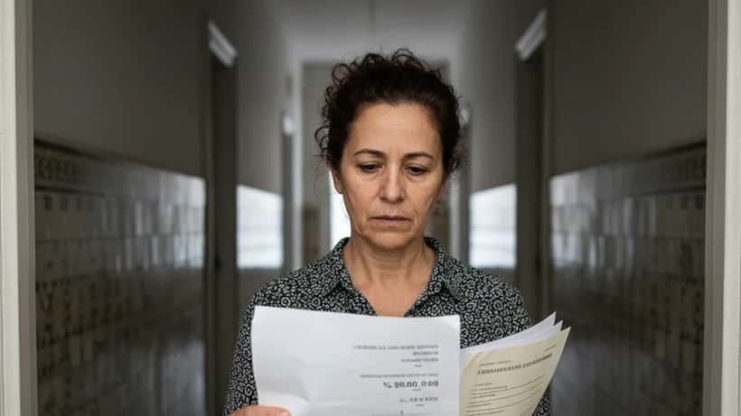 Mulher lendo carta de atualização de renda na entrada de um apartamento em Lisboa