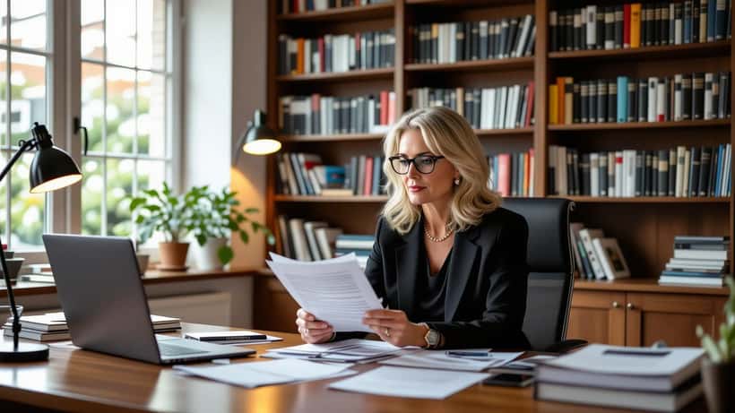 Literary agent reviewing a TV adaptation contract in a London office with bookshelves in background
