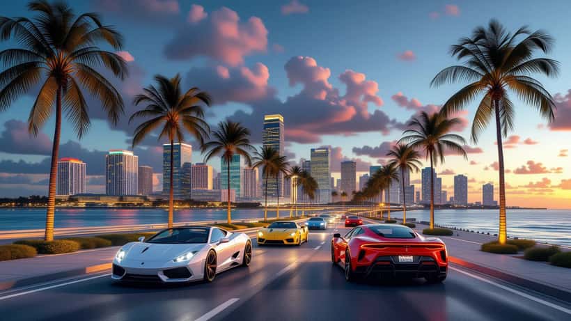 Neonbelyst Miami-inspirert bysilhuett med sportsbiler og palmer, illustrasjon til GTA 6-lansering 2026