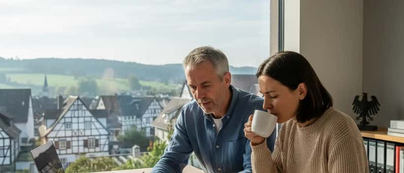 Deutsches Ehepaar prüft gemeinsam Steuerunterlagen am Küchentisch