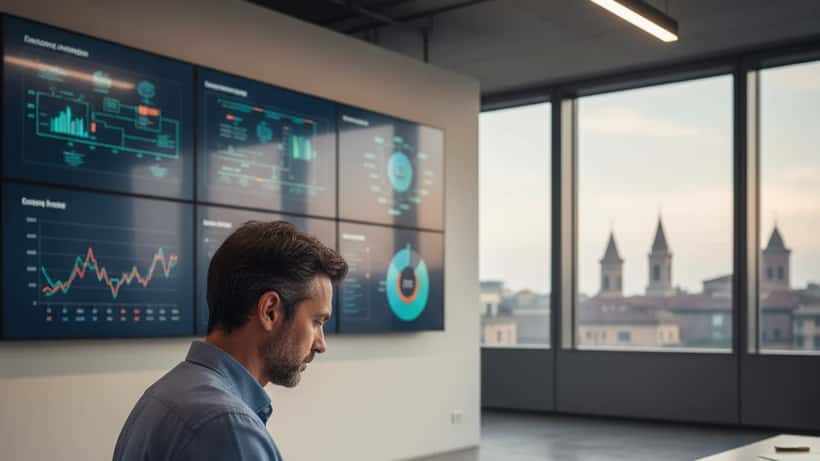 Consulente IT italiano che analizza dati di consumo energetico in un ufficio a Milano con grafici sui prezzi dell'energia