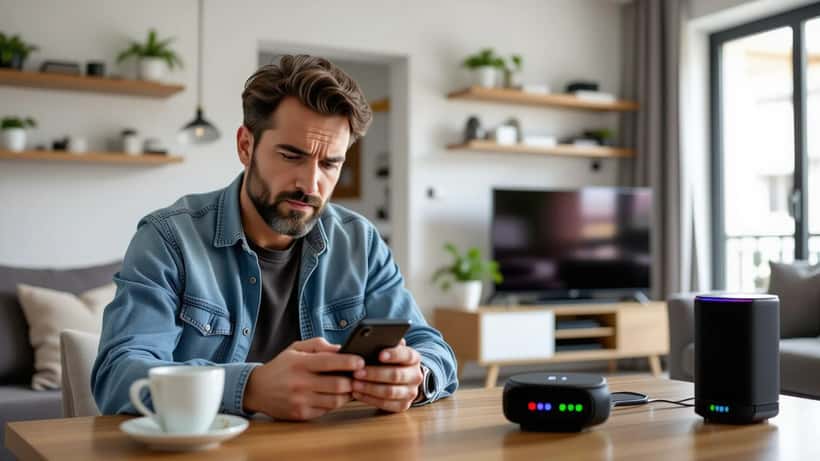 Homem português olha preocupado para o telemóvel rodeado de gadgets IoT num apartamento de Lisboa