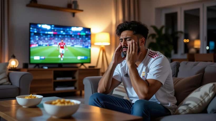 Aficionado de Liga MX con manos en la cara viendo el partido con ansiedad en su sala