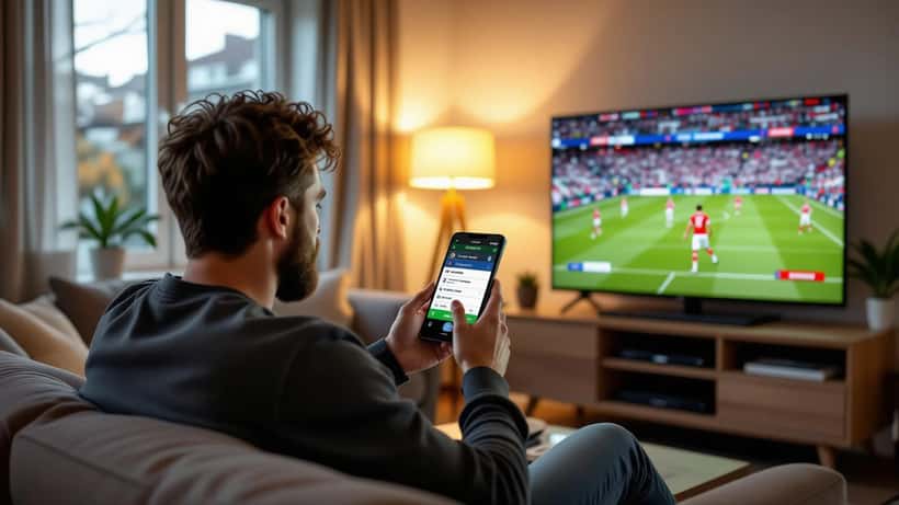 Man bekijkt verloren sportweddenschap op telefoon met Premier League-wedstrijd op televisie