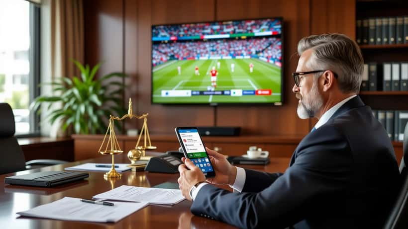 Lawyer reviewing sports betting app in Ottawa law office with soccer match on TV